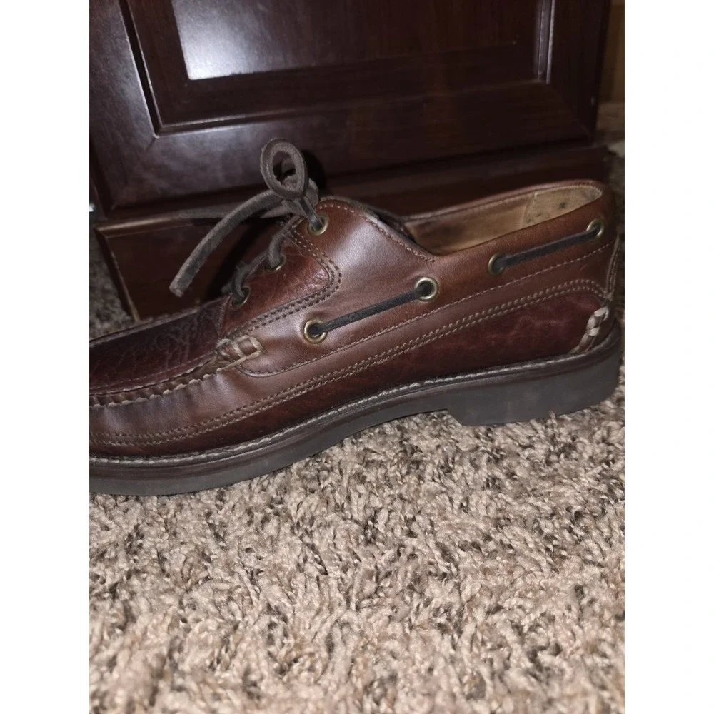 LL Bean Allagash Bison Leather Hand Sewn Boat Shoes Brown Mens Size 7 EE Wide